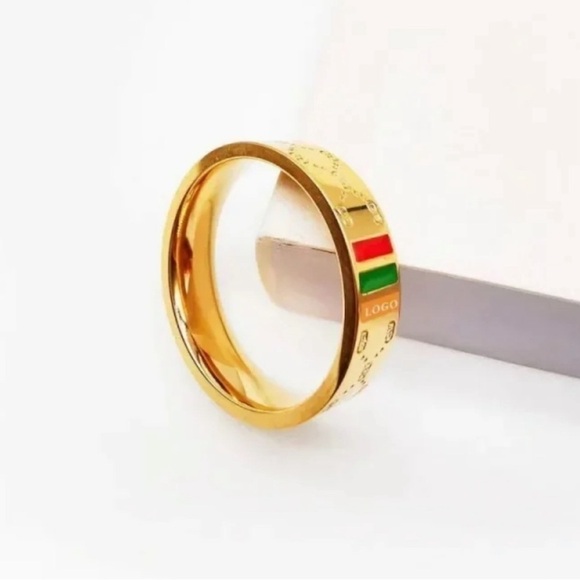 18K Gold Monogram Ring With Green & Red Stripe and Monogram All Around - Picture 1 of 6